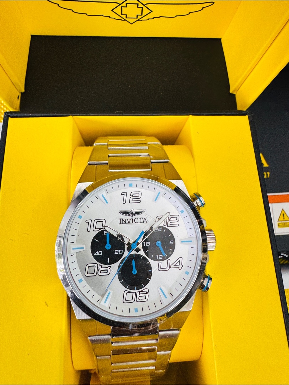 Invicta Silver Stainless Steel Chronograph Watch with Blue Accents